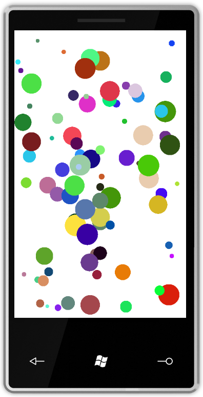 Windows Phone 7 simulator running the bouncing balls app.