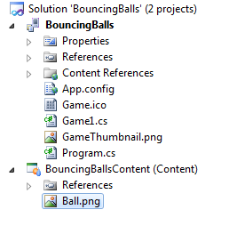 BouncingBalls solution explorer after adding the required texture