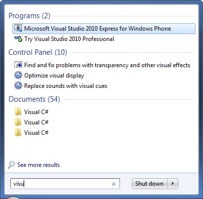 Searching for Visual Studio 2010 Windows Phone 7 Development