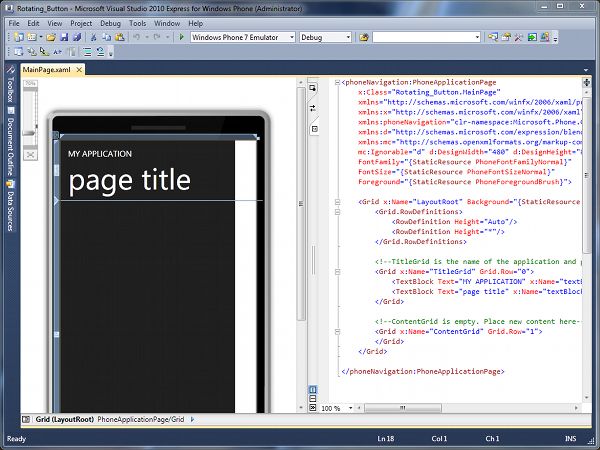 The MainPage.xaml file open in Design/Code Mode Windows Phone 7 Development