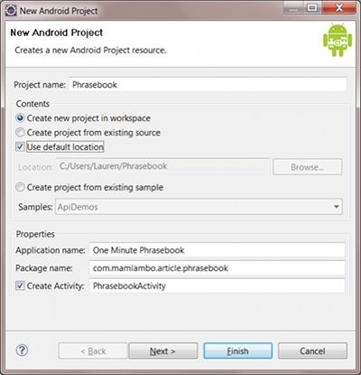 Creating the Android phrasebook project.