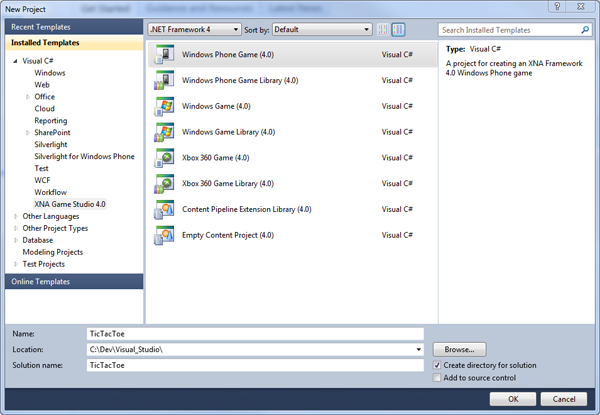 The Windows Phone 7 Game project creation dialog