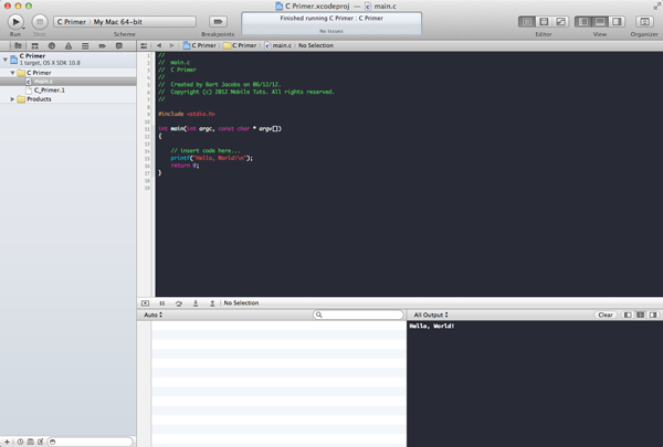 Learning C: A Primer - The Project Window with the Debug Area Visible - Figure 7