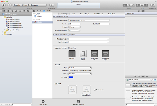 Creating Your First iOS Application - Xcode's Main View Showing the Project's Details - Figure 10