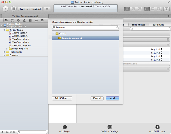 iOS 5 and The Twitter Framework: Adding The Twitter and Accounts Frameworks - Figure 4